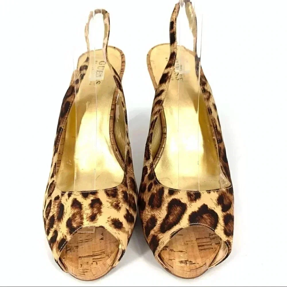 Guess womens heels size 10 brown cheetah print faux cork platform slingbacks